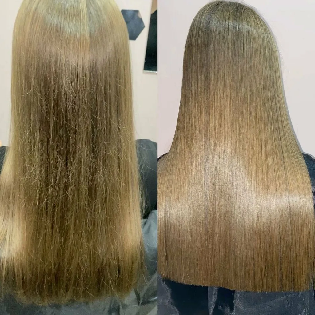 Процедура ботокса для волос в салоне, визуализация восстановления поврежденной кутикулы и придания блеска