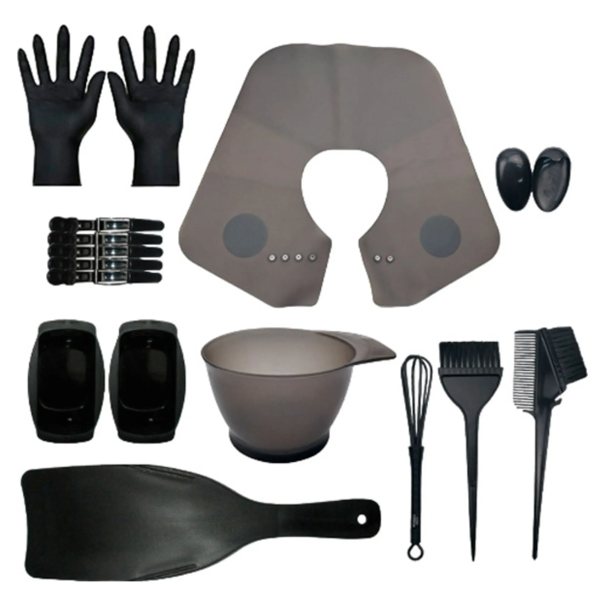 Полный набор профессиональных инструментов для покраски волос дома: кисти, мисочка с носиком, расческа, зажимы, перчатки