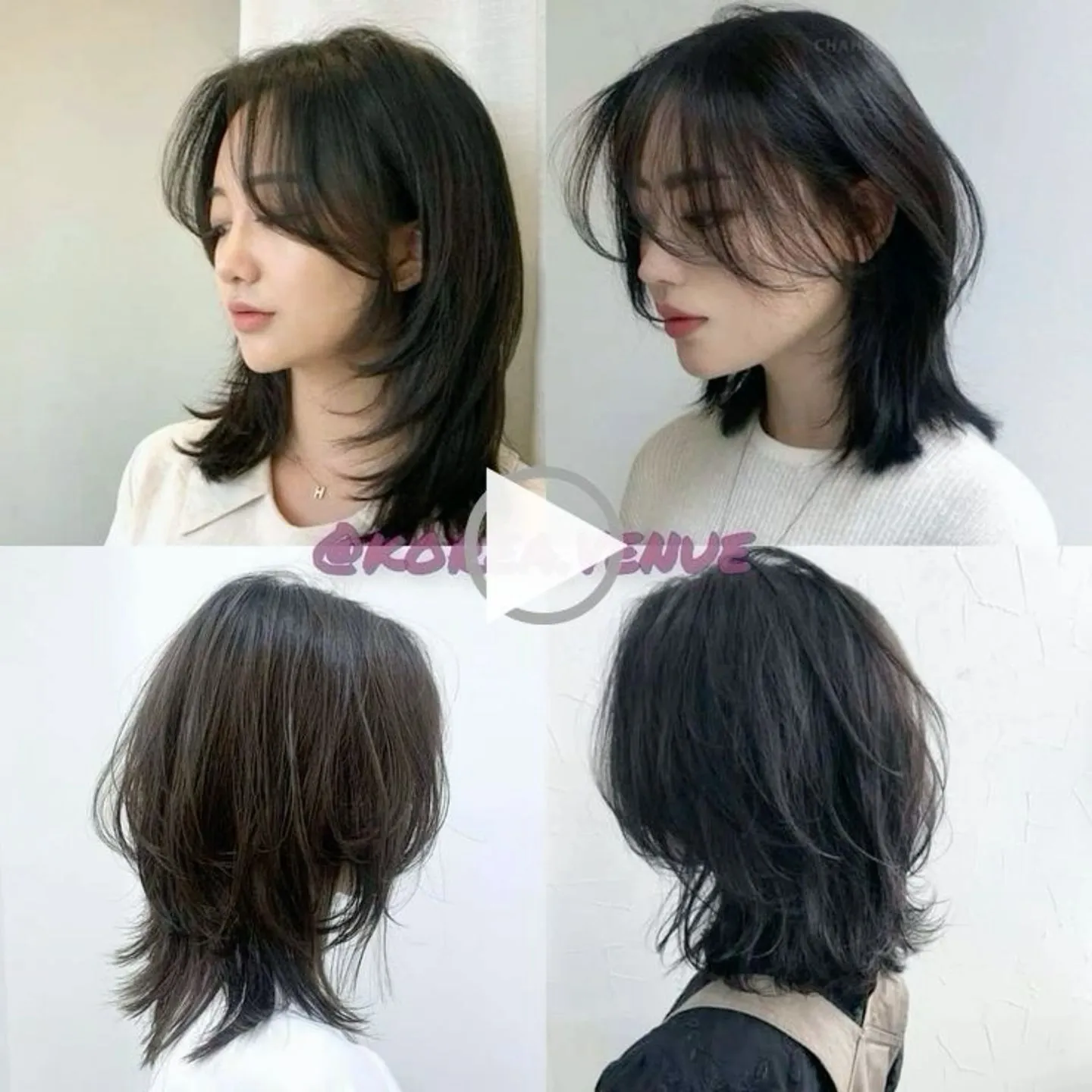 Стильная каскадная стрижка на средние волосы с объемом и мягкими волнами, демонстрирующая плавные переходы длины