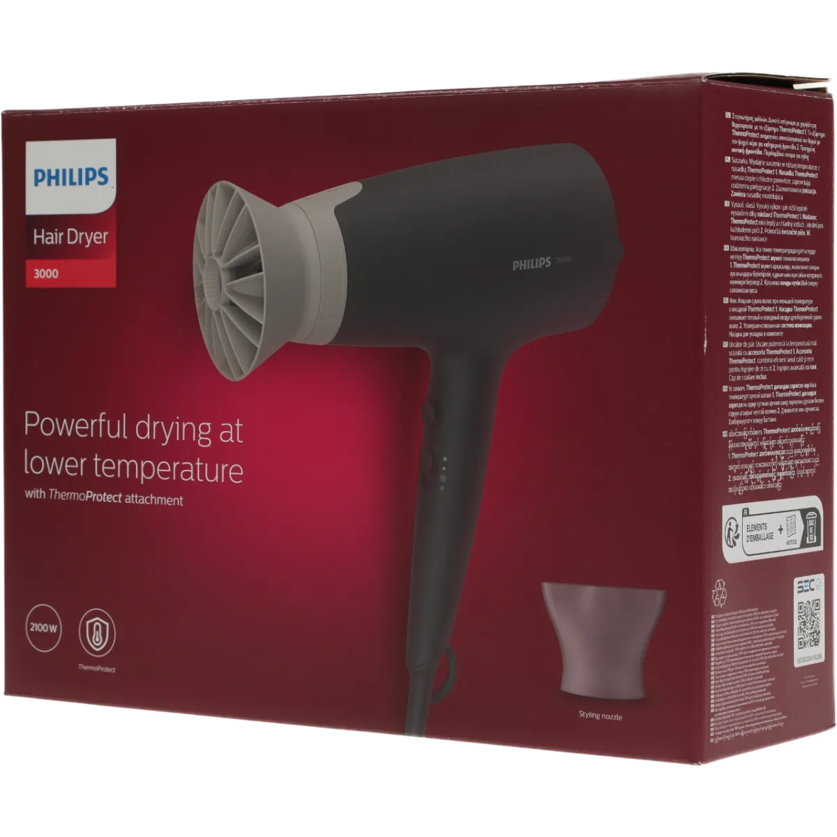 Визуальное руководство по: фен Philips. На изображении показан современный фен Philips с концентратором и диффузором, демонстрирующий эргономичный дизайн и варианты насадок.