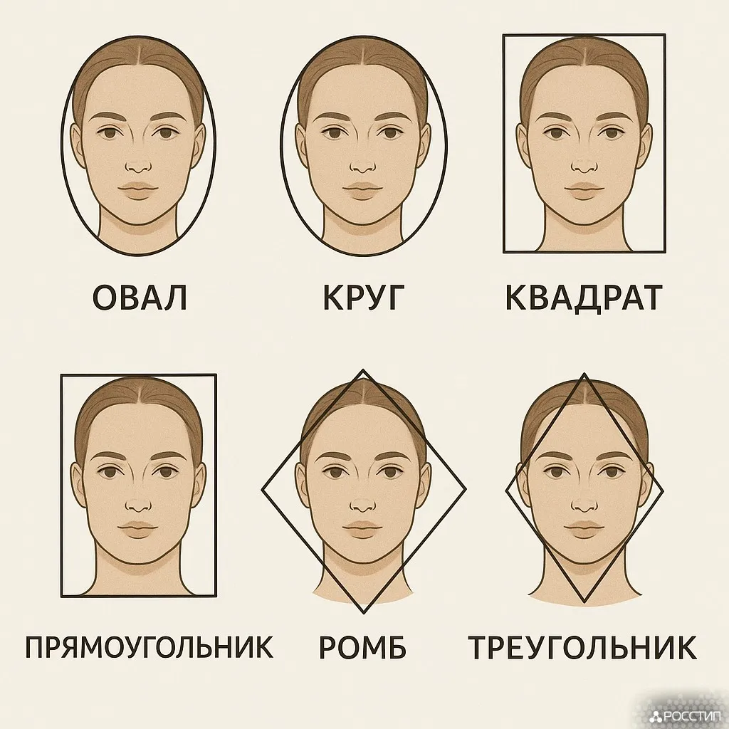 Наглядная схема с примерами разных форм лица: овальное, круглое, квадратное, сердце и прямоугольное для определения своей