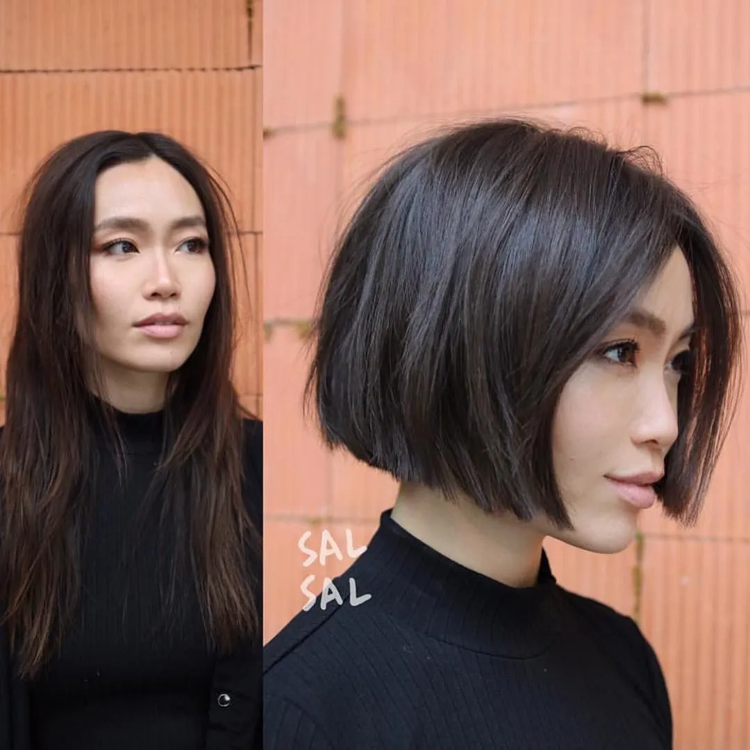 Стильная женская стрижка каре на прямых волосах с мелированием, демонстрирующая геометрию и объем