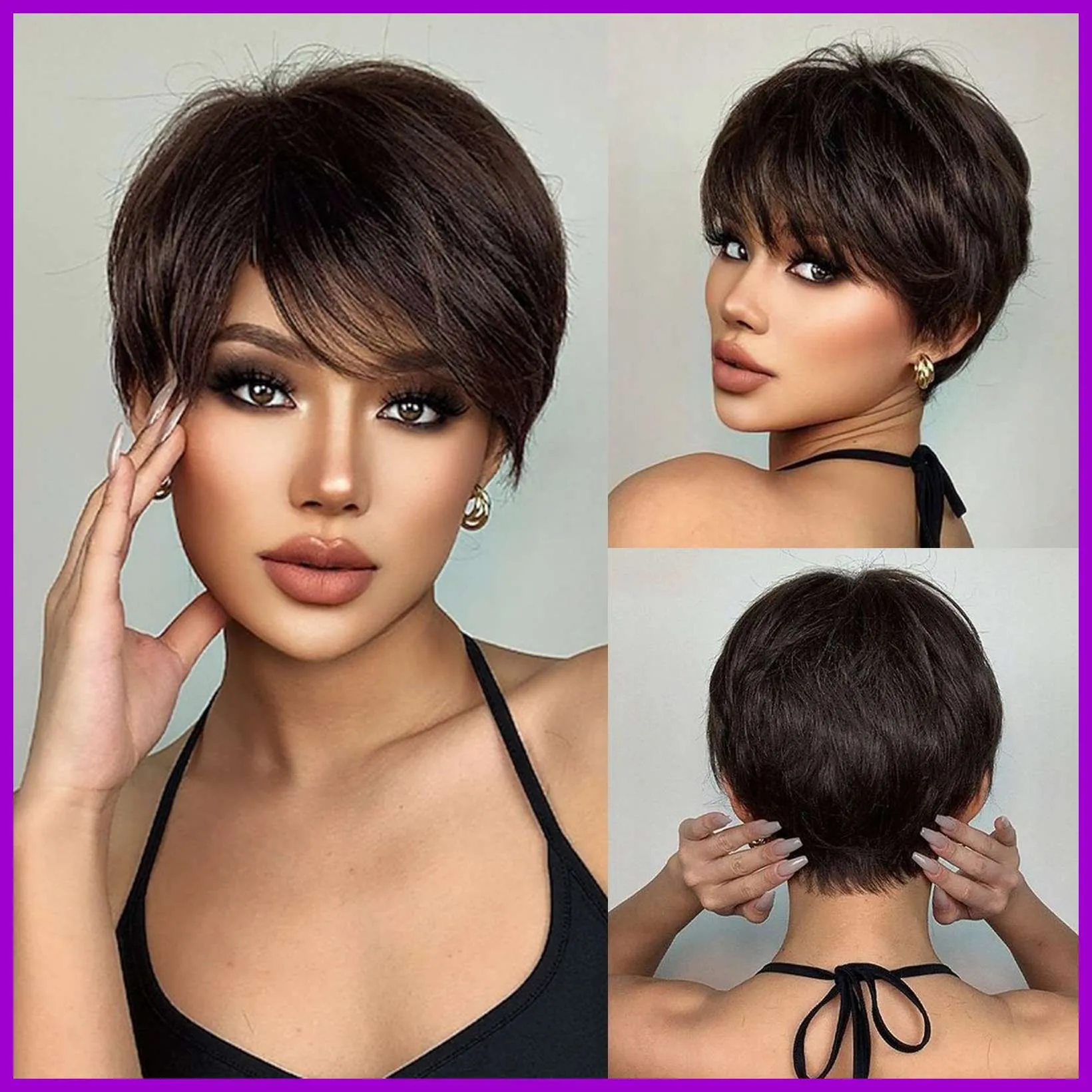 Пример современной стрижки пикси с челкой и текстурой Стильная стрижка пикси с челкой на темных волосах, демонстрирующая текстуру и объем у корней