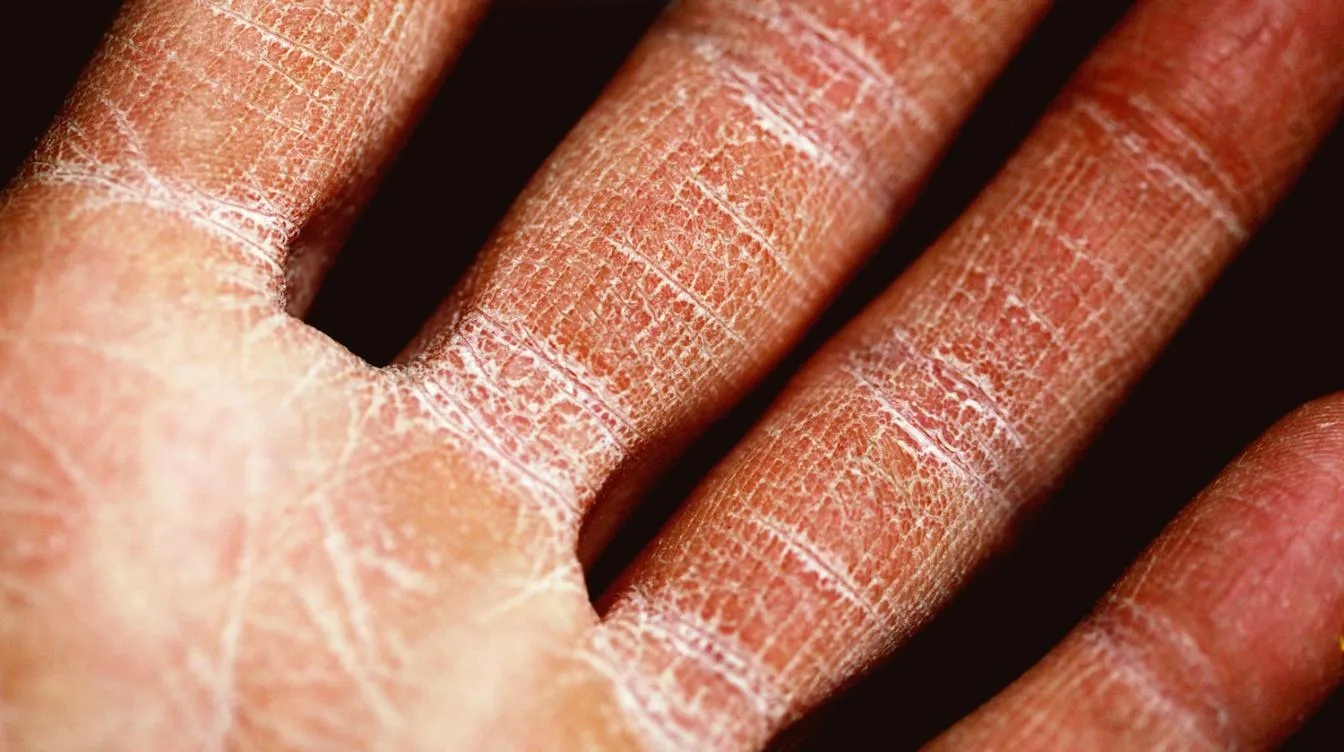 Крупный план сухой кожи рук с шелушением и покраснением, визуализирующий основные причины сухости кожи рук и необходимость ухода