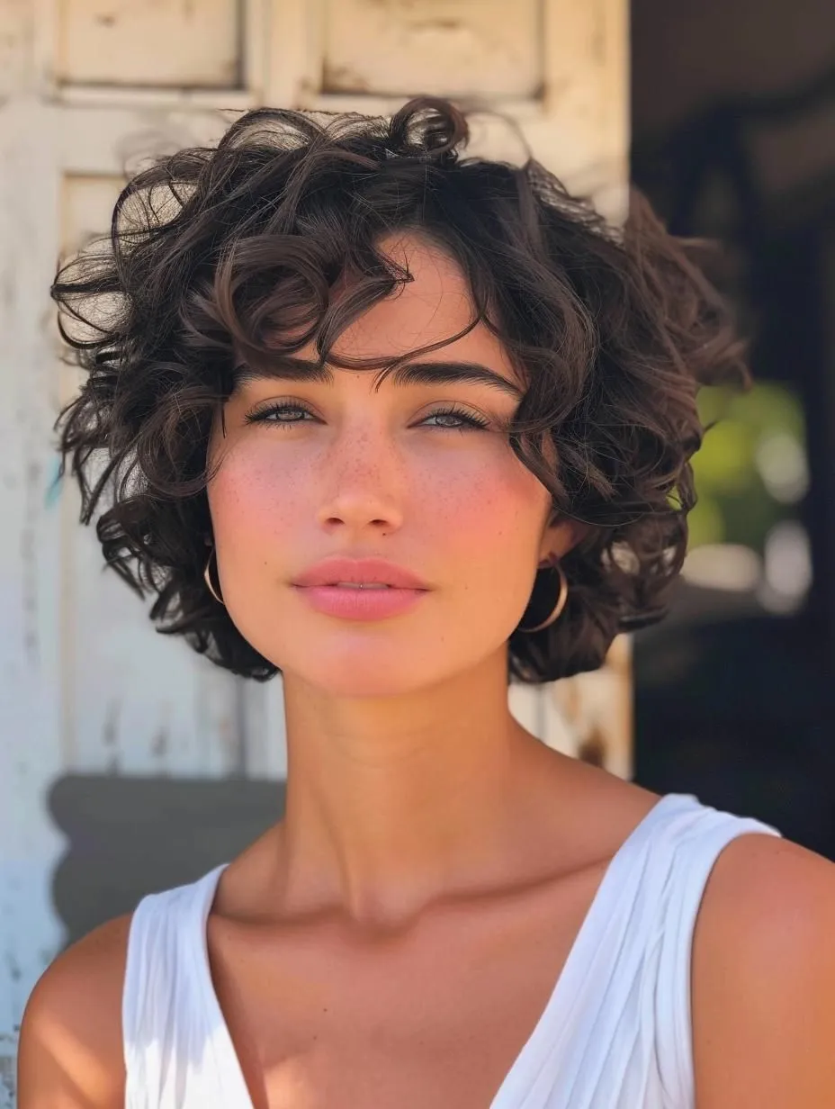 Стильная укладка вьющихся коротких волос с четкими завитками и объемом у корней, выполненная с помощью диффузора и крема для укладки