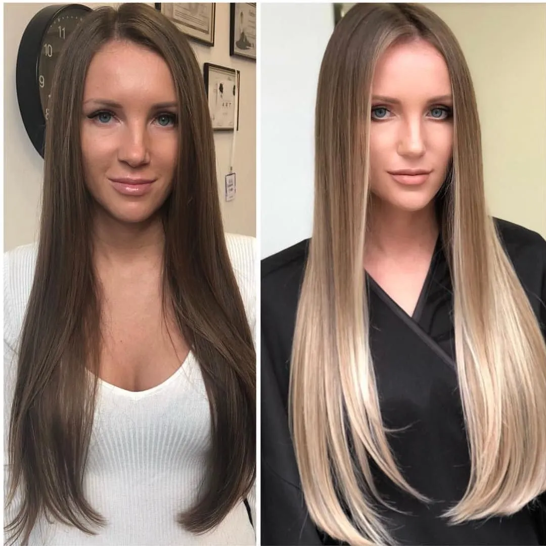 Результат окрашивания: сложное осветление и тонирование в пепельный блонд Пример профессионального окрашивания волос до и после: переход от темного натурального цвета к холодному пепельному блонду с техникой балаяж
