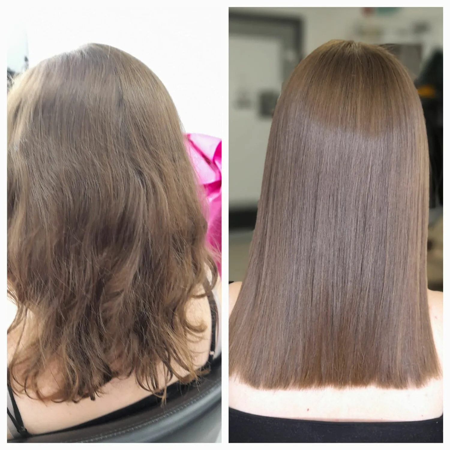 Процедура выпрямления волос в салоне: мастер наносит профессиональный состав на пряди