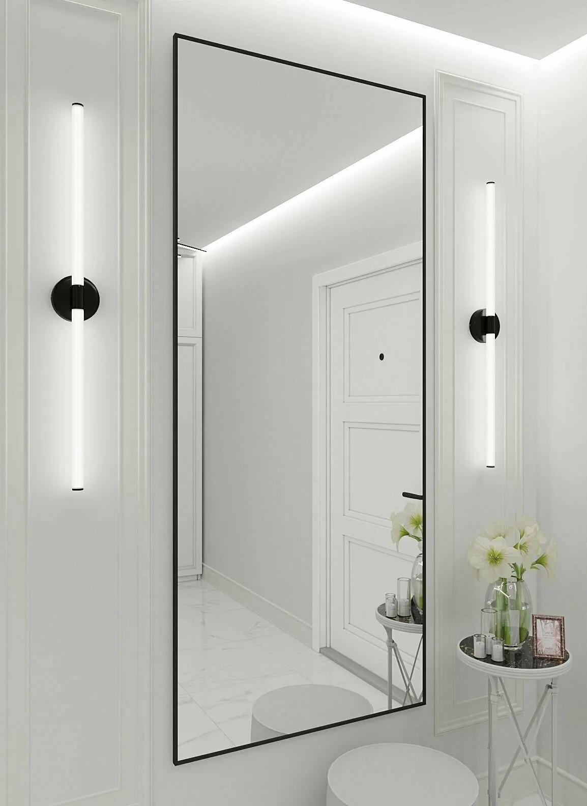 Примеры удачного размещения зеркал в прихожей Современные зеркала для прихожей в интерьере: круглое в металлической раме и прямоугольное напольное