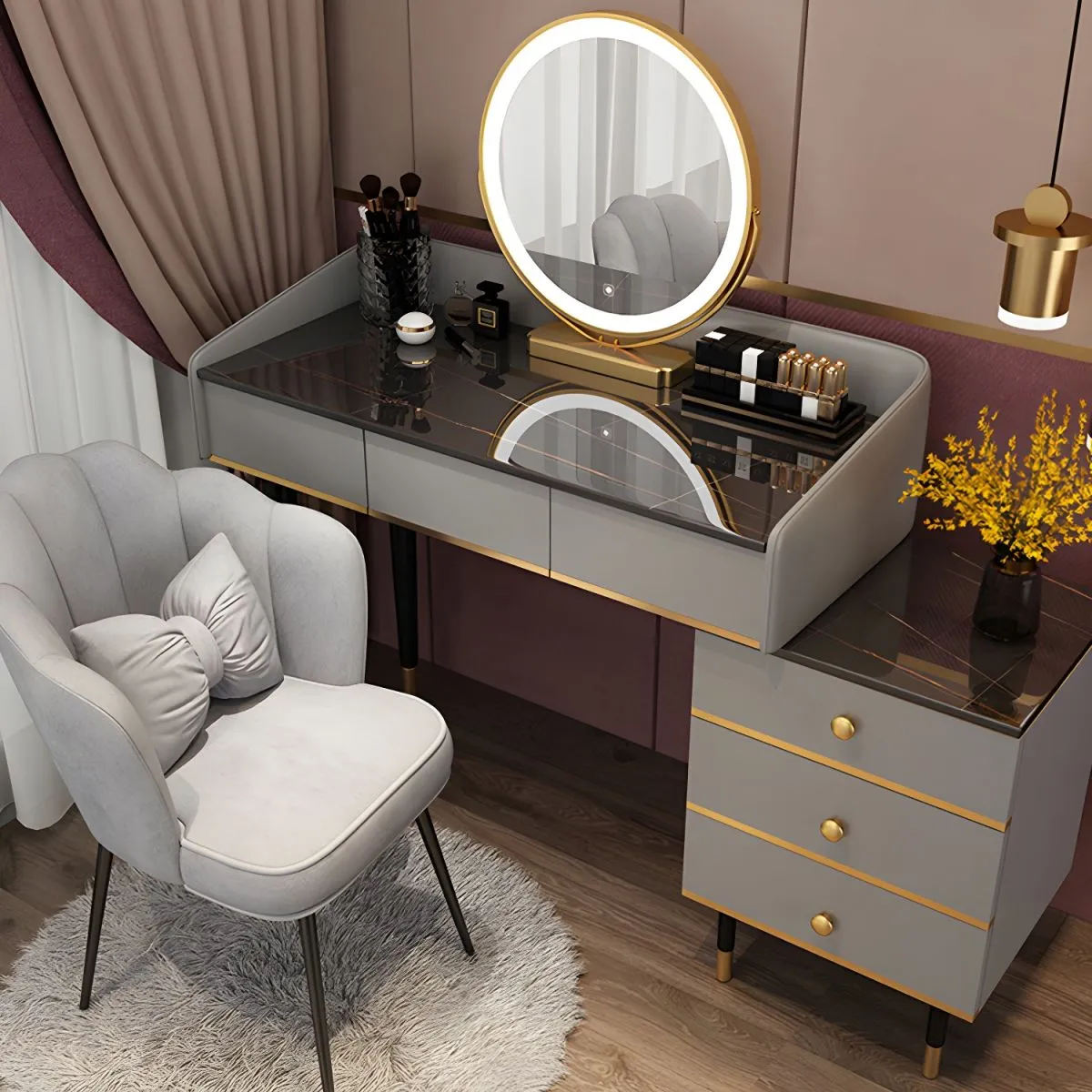 Современное зеркало трюмо с ящиками и подсветкой для спальни или гардеробной