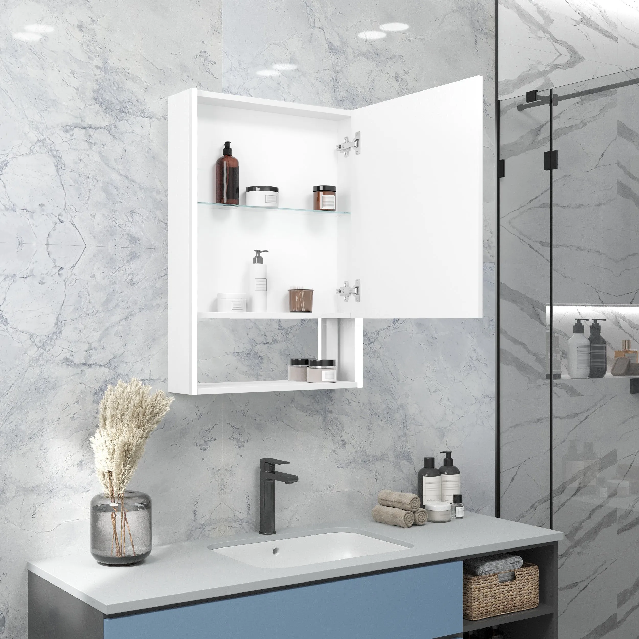 Современное зеркало с шкафчиком в ванную комнату с LED-подсветкой и сенсорным выключателем